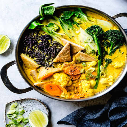 Winter Vegetable Curry with Rice Noodles and Crispy Tofu