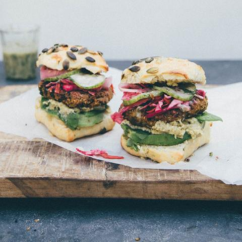New! Veggie burger with dill & mustard sauce, hot pickles and artichoke cream